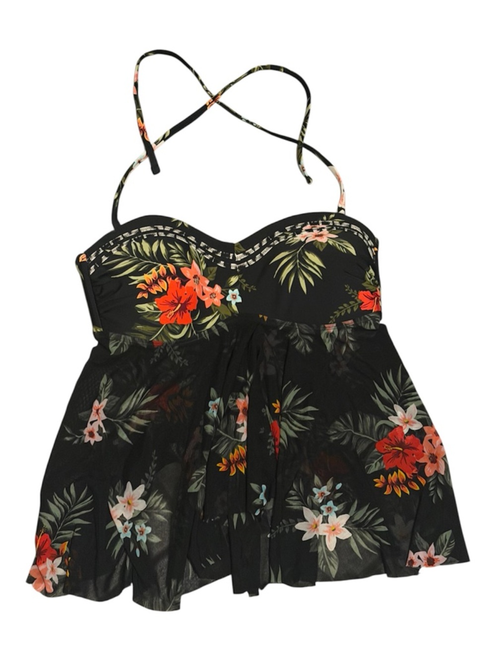 Kona Sol Black Floral Bandeau Flyaway Tankini Top- Medium